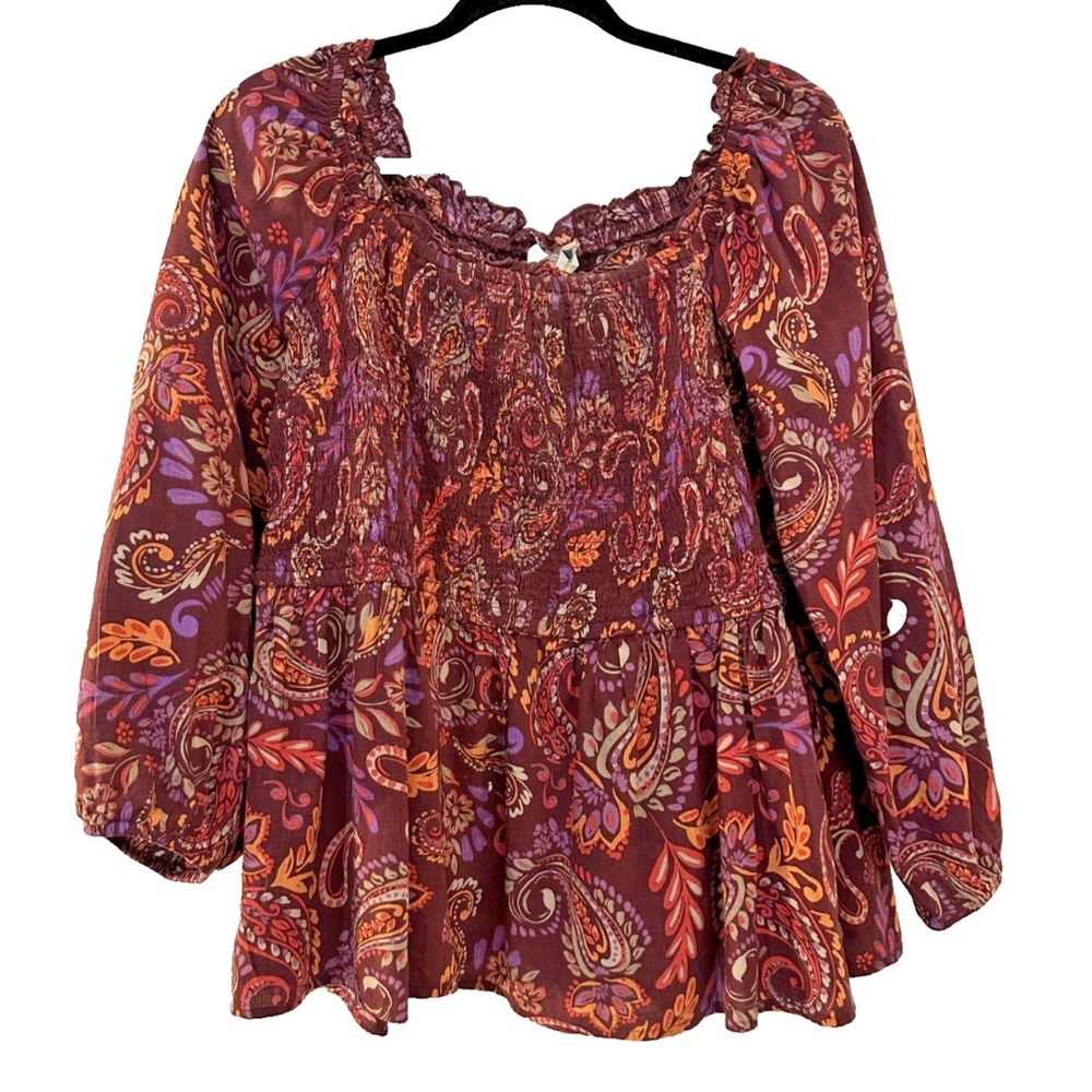 St. Johns Bay Womans Floral Cottagecore Paisley Top Size 1X Hippie Flowy Peasant